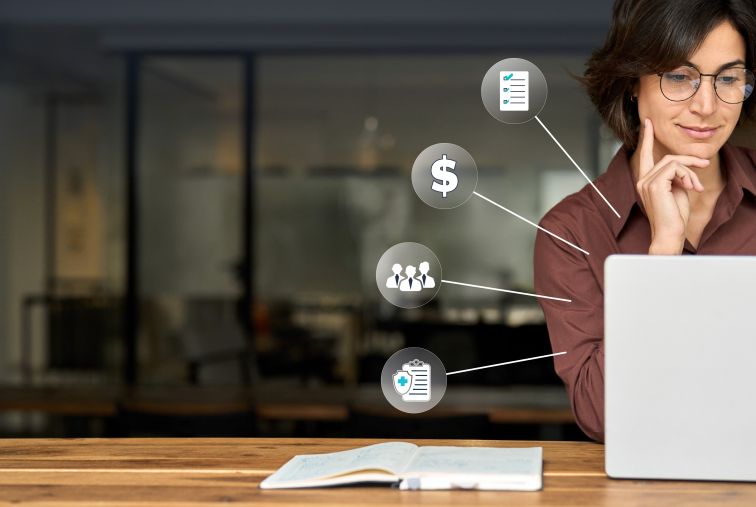Professional working at a laptop at a desk, with visual icons representing compliance, cost, workforce, and documentation.