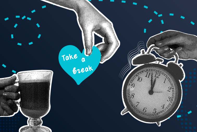Illustration of hands holding a coffee cup and alarm clock with a heart icon reading “take a break,” representing the importance of short rest breaks for productivity and mental wellness