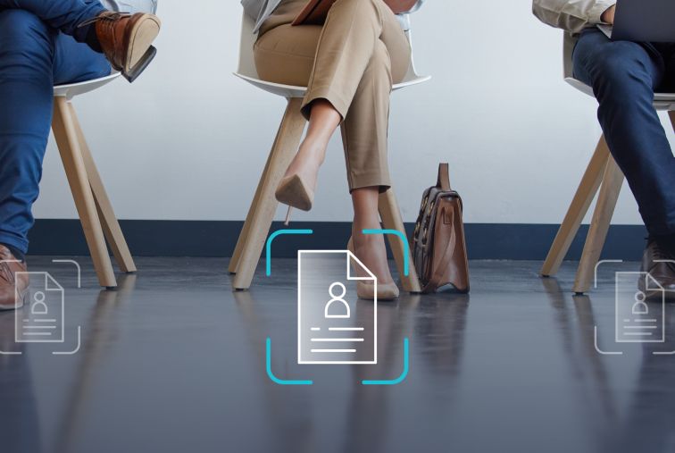 Professionals seated in a waiting area with digital resume icons, representing workforce planning, employee upskilling, recruiting, and hiring decisions